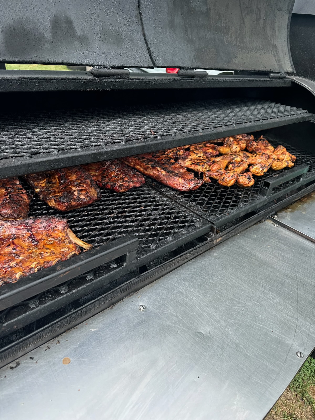 Ribs and chicken on the trailer smoker